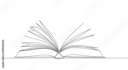 Open book line art drawing, symbol of knowledge, education and reading