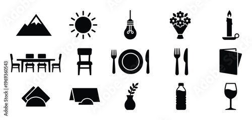 Collection of black silhouette icons representing various objects and concepts, including nature, dining, and household items