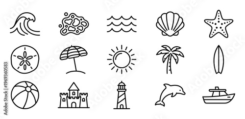 Collection of fifteen black outline summer and beach-themed icons, including a wave, sun, palm tree, and sandcastle, presented clearly