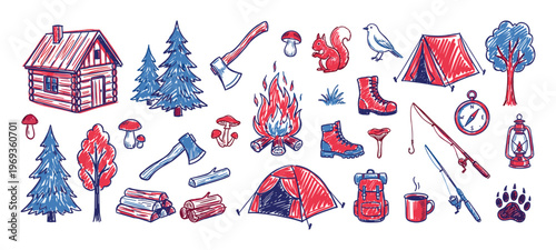 Collection of hand-drawn camping and outdoor adventure elements in red and blue sketch style