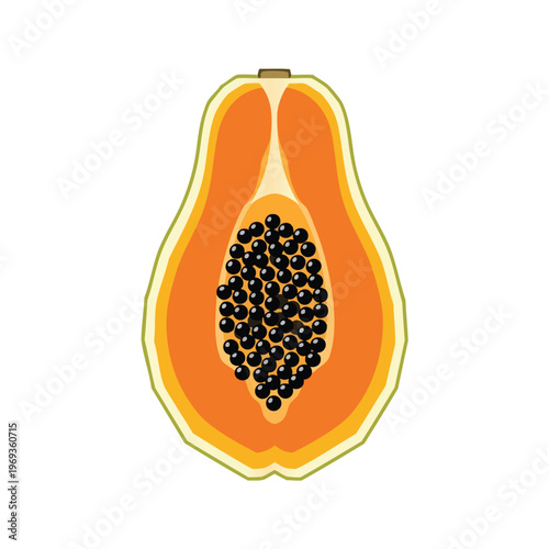 Half of a ripe papaya with orange flesh and black seeds, isolated on white