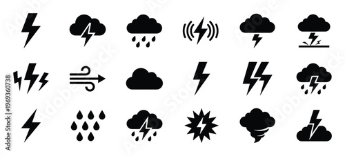 Collection of black weather icons depicting various atmospheric conditions like lightning, clouds, rain, and wind