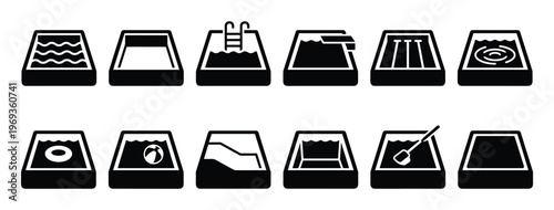 Collection of black and white swimming pool icons depicting various states and accessories, presented in a clean, graphic style