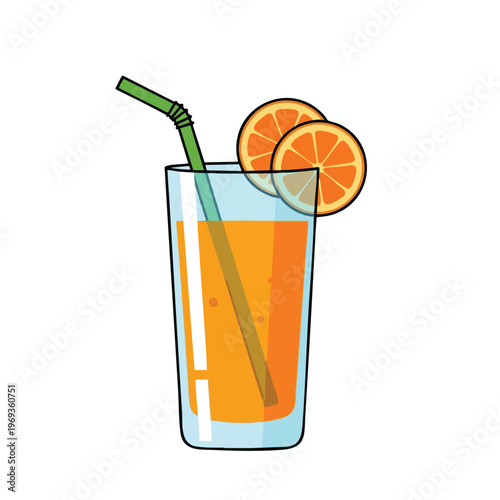 Tall glass of orange juice with a green straw and orange slices