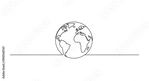 Earth globe on horizon line, global connection, minimal line art, clean, minimalist