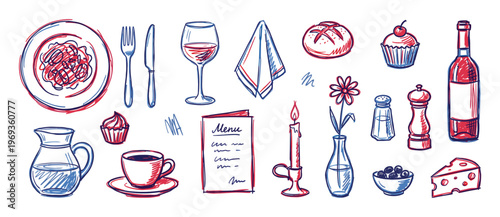 Collection of hand-drawn red and blue restaurant and food items, including pasta, wine, bread, and cheese, in a sketch art style
