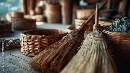 Rustic broomsticks and woven baskets in workshop