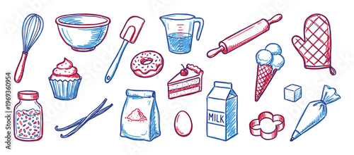 Collection of hand-drawn baking and dessert items, including tools, ingredients, and sweet treats, rendered in a playful red and blue sketch style