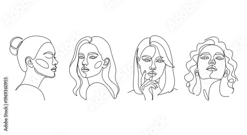 Minimalist line art of diverse women's faces in profile and front view