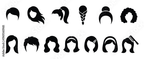Collection of various black silhouette hairstyles and hair accessories, including braids, ponytails, and combs, presented as simple graphic icons