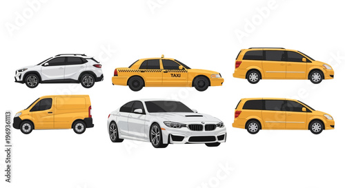 Variety of vehicles isolated on white background for transportation concepts