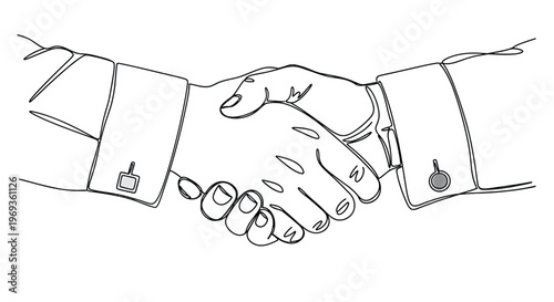 Business handshake illustration: two men in suits closing a deal with line art