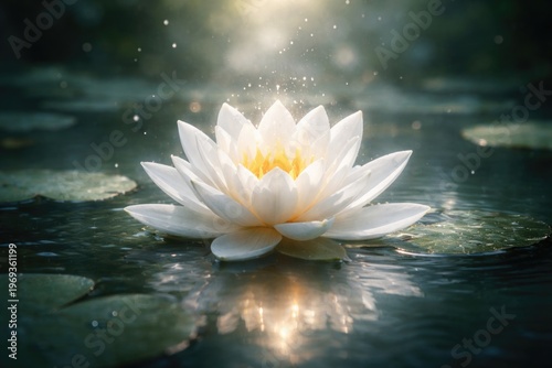 Radiant white water lily shining gently, representing peace and calm for meditation and wellness