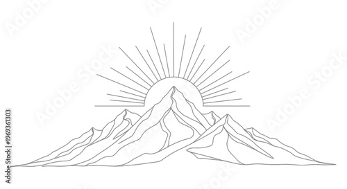 Mountain peaks with sun rays line art vector graphic with new beginnings