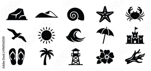 Collection of fifteen black silhouette beach and ocean-related icons arranged in a grid, featuring various summer elements