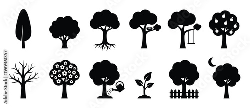 Collection of diverse black tree silhouette icons depicting various forms, stages, and activities related to trees and nature