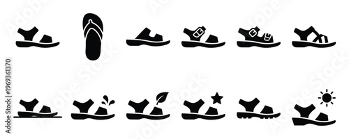 Collection of black silhouette sandal and flip-flop icons in various styles, including one with a leaf, star, and sun symbol