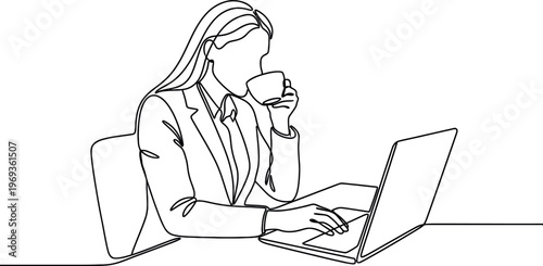 Female Office Worker Drinking Coffee at Laptop Continuous One Line Drawing