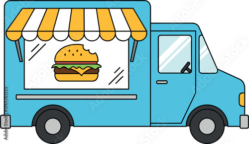 Food truck with burger illustration in flat design style, street fast food delivery vehicle cartoon vector isolated on white background for mobile restaurant concept
