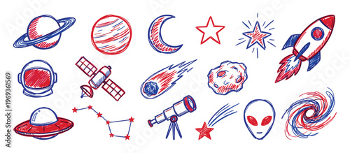 Collection of hand-drawn space-themed doodles in red and blue, including planets, stars, rockets, and an astronaut helmet, arranged neatly