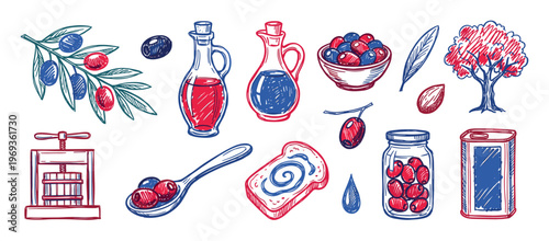 Collection of hand-drawn olive-related elements, including branches, oil bottles, a press, and various olive preparations, in a vibrant red and blue sketch style