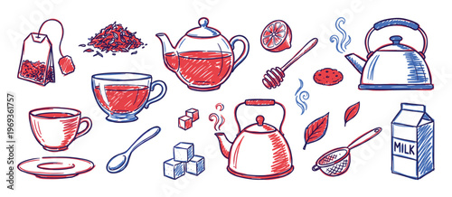 Various hand-drawn tea and coffee related items, including teapots, cups, sugar, honey, and milk, in a doodle style