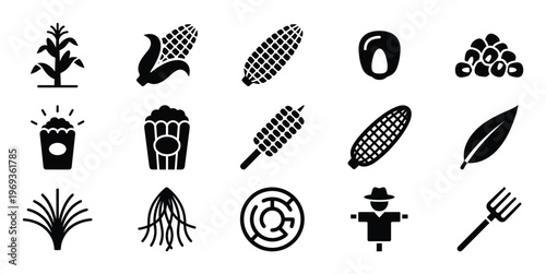 Collection of black silhouette corn and farming related icons, including plant, cob, kernel, popcorn, and scarecrow, presented in a clean, graphic style