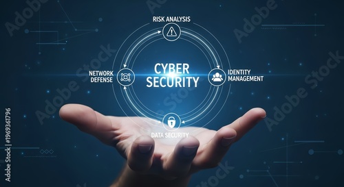 A hand holding a glowing blue circle with cyber security concepts