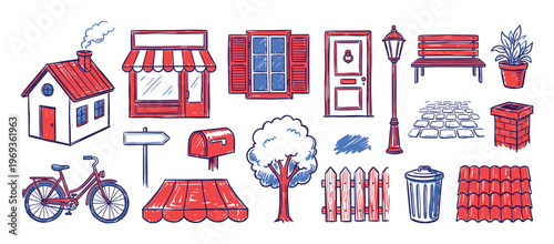 Collection of hand-drawn red and blue urban elements including a house, shop, window, door, and street lamp