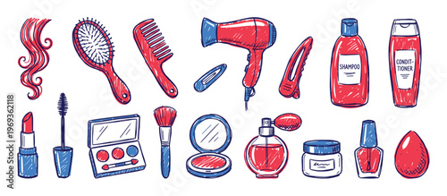 Collection of hand-drawn red and blue beauty and hair care products, including makeup, brushes, and styling tools, presented in a playful doodle style