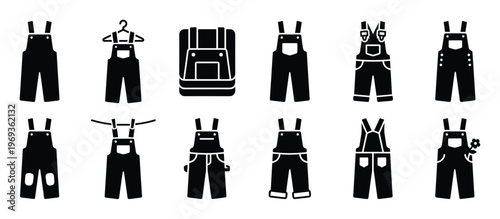 Collection of various black silhouette overalls and dungarees icons, showcasing different styles and details in a clean, graphic illustration