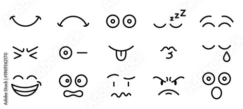 Collection of various black outline emoji facial expressions and emotions, including happy, sad, angry, and surprised