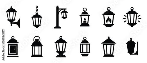 Collection of various black silhouette lantern icons, including wall-mounted, hanging, and freestanding designs, presented in a clean, graphic style