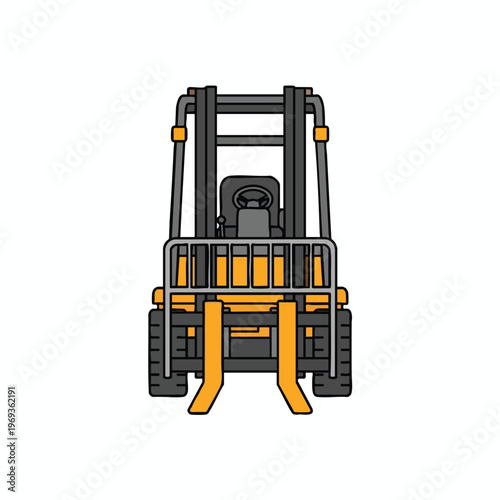 Front view of a yellow and gray forklift with raised tines