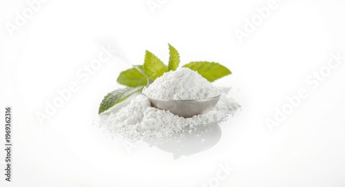 Tight frame on spoon filled with fine stevia powder next to fresh stevia leaves against a bright background promoting healthy sweetening options