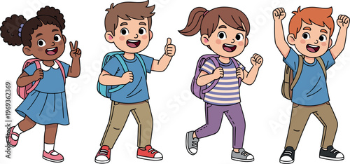Happy school children cartoon characters with backpacks walking and cheering, diverse kids illustration isolated on white background for education design, childhood concept graphics