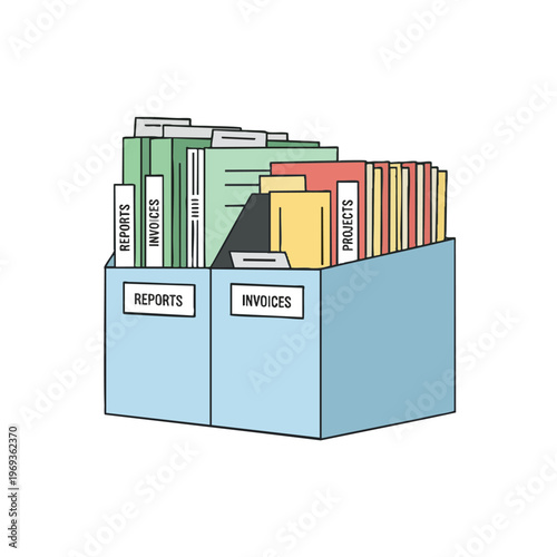 Light blue organizer box holding file folders labeled reports, invoices, and projects
