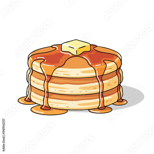 A stack of three golden-brown pancakes, topped with a square of butter and dripping with syrup