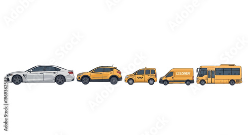 Variety of vehicles represented in a row for transportation concepts