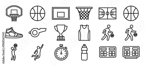 Collection of black outline basketball icons including a hoop, ball, shoe, whistle, trophy, and players, presented in a clean, minimalist style