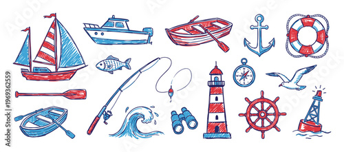 Many colorful hand-drawn nautical elements, including boats, anchor, lighthouse, and compass, are arranged neatly, creating a vibrant marine theme