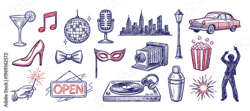 Collection of hand-drawn doodle illustrations depicts various party, entertainment, and retro-themed objects with a vibrant, playful style