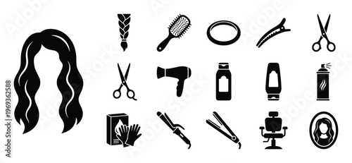 Comprehensive collection of black silhouette hair care and styling tools icons, including scissors, brushes, and hair products