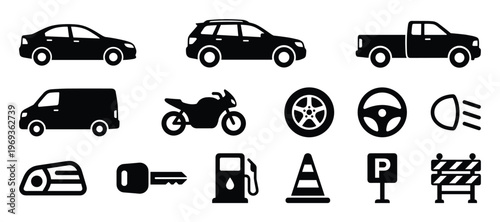 Comprehensive collection of black silhouette vehicle and road safety icons, including cars, trucks, motorcycles, and related symbols, presented clearly