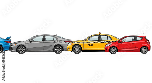 Variety of vehicles sedan hatchback taxi and sports car designs