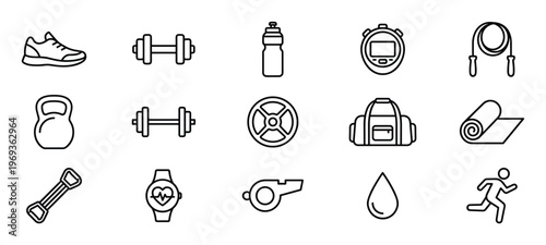Collection of black outline fitness and gym icons, including dumbbells, shoes, and a stopwatch, on a clean white surface
