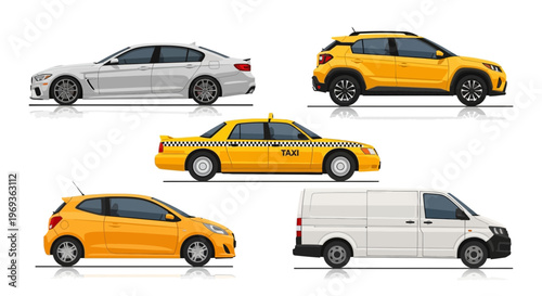 Variety of vehicles sedan suv taxi hatchback and van isolated on white
