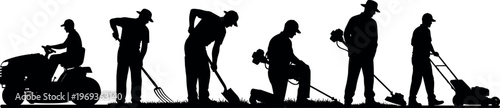 Landscaping workers silhouettes set showing gardeners using tools and equipment, lawn care maintenance activities collection, black vector illustration isolated on light background for design use