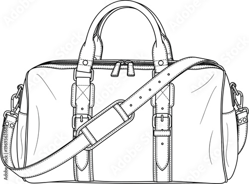 Leather travel bag line art illustration with shoulder strap and handles, stylish duffel luggage sketch isolated on white background for fashion and tourism design