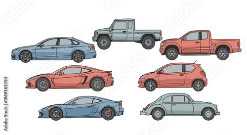 Variety of vehicles sedans trucks and compact cars in illustration